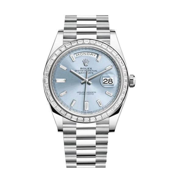 02C12B52-D4E4-84A2-FABF-4C1716E5F2EF.jpg Rolex Day-Date Platinum 228396TBR Ice Blue Baguette Index Replica - Image 1