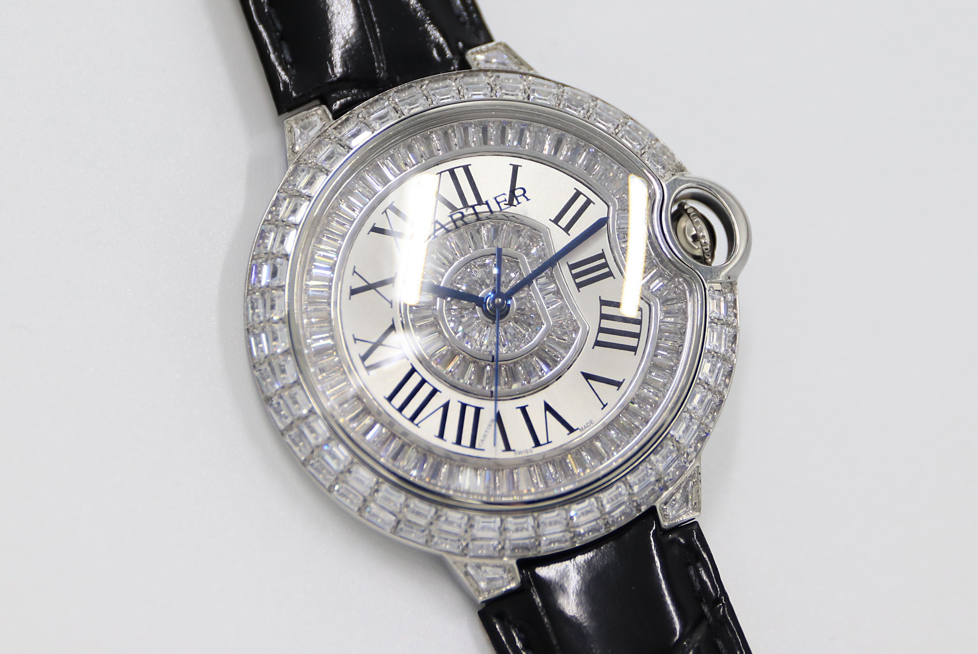 03590CB4-C9E0-A1BB-B0BE-710E9CDDD8E8.jpg Cartier Blue Balloon Square Diamonds Full Sky Watch-Roman Numerals-White-Leather-42mm(1:1 replica) - Image 1
