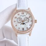 Fake Diamond Watch Patek Philippe Replica 4937R-001 Complications Ladies Annual Calendar Moon Phase 37mm White Mother of Pearl Arabic Rose Gold Diamond Set Leather Date(1:1 replica)