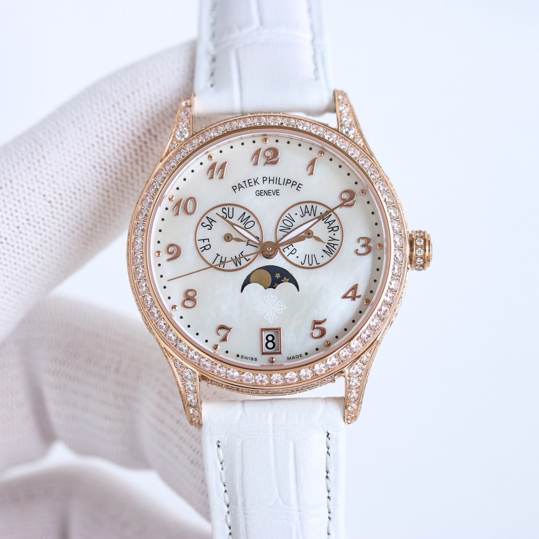 03D6499F-E41D-BE2F-8707-40BC265A46C1.jpg Fake Diamond Watch Patek Philippe Replica 4937R-001 Complications Ladies Annual Calendar Moon Phase 37mm White Mother of Pearl Arabic Rose Gold Diamond Set Leather Date(1:1 replica) - Image 1