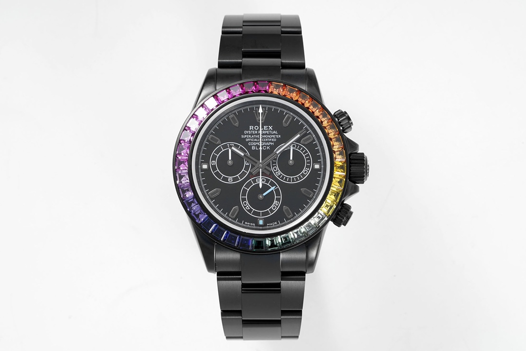 0677D0E8-1769-0C26-E86F-51B3C2D72E6D.jpg Rolex Daytona Blaken with Black DLC Coating – Modified Rainbow Diamond – Black(1:1 replica) - Image 1