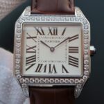Replica Cartier Santos WH100651 Diamond SS White Dial Leather Strap A9015