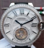 Replica Cartier Ballon Bleu Tourbillon SS Diamond Bezel Black Leather Strap - Image 3