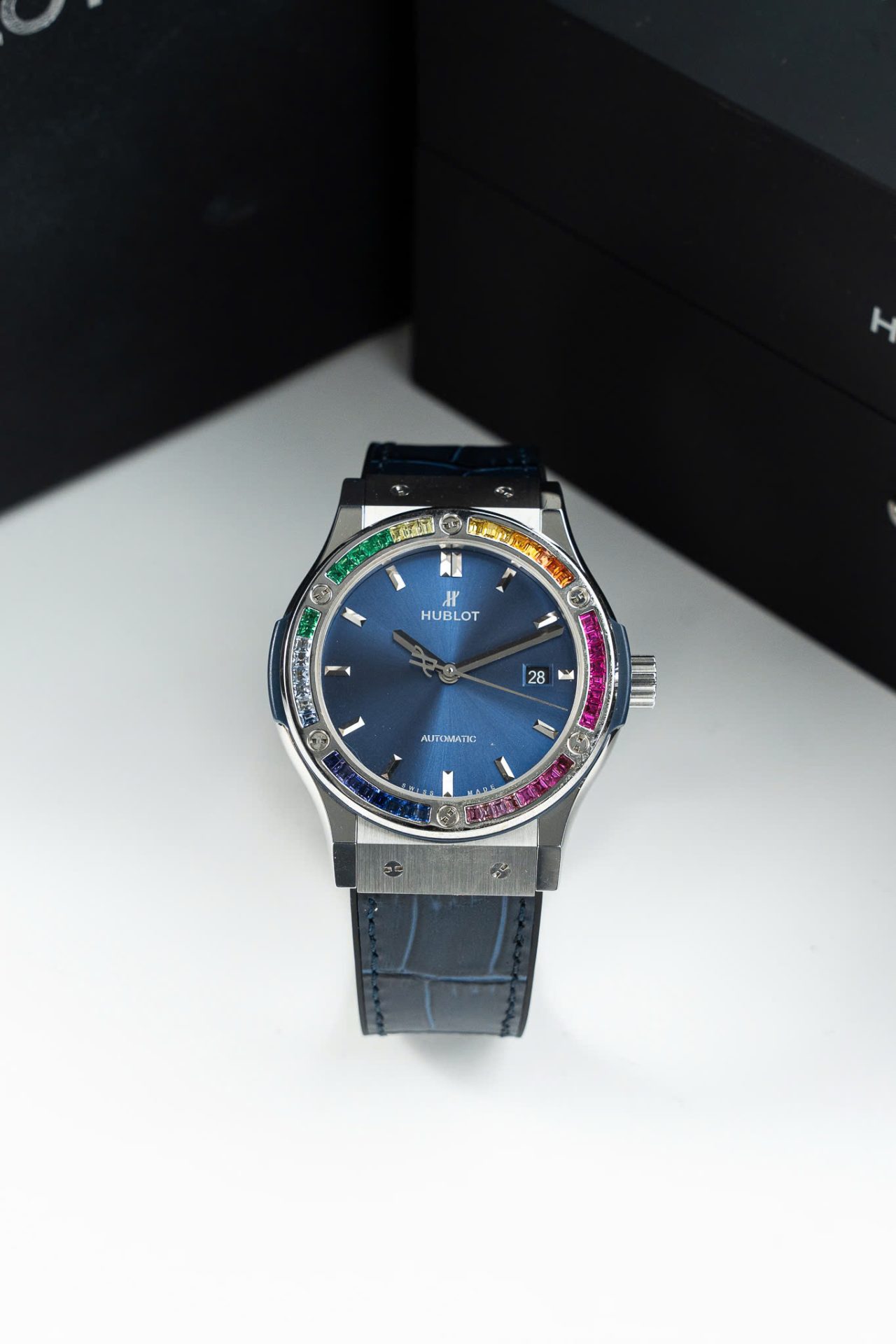 1077BB0B-A5F5-30F1-C03A-CECB19065920.jpg Hublot Classic Fusion Titanium Rainbow Refined Synthentic Gemstones Bezel Best Copy 42mm - Image 1