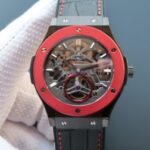 Replica Hublot Classic Fusion Tourbillon 45mm TF Red Bezel Skeleton Dial Black Gummy Strap A23J