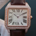 Replica Cartier Santos WH100751 Diamond RG White Dial Leather Strap A9015