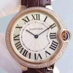 Replica Cartier Ballon Bleu 40mm RG Diamonds Bezel Whit Dial Leather Strap MIYOTA9015