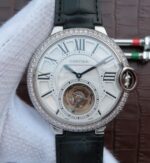 Replica Cartier Ballon Bleu Tourbillon SS Diamond Bezel Black Leather Strap