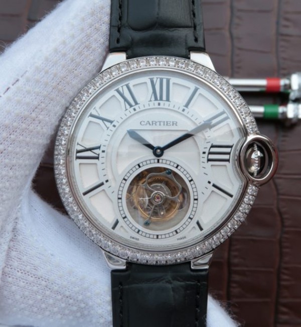 1547C770-06CA-AA6F-F884-65DC4FFCB04F.jpg Replica Cartier Ballon Bleu Tourbillon SS Diamond Bezel Black Leather Strap - Image 1