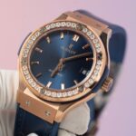 Hublot Replica Watch Classic Fusion King Gold Blue Dial Moissanite Diamond Bezel 38mm - Image 3