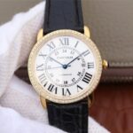 Replica Cartier Ronde De Cartier YG White Dial Diamonds Bezel Croco Strap A2892
