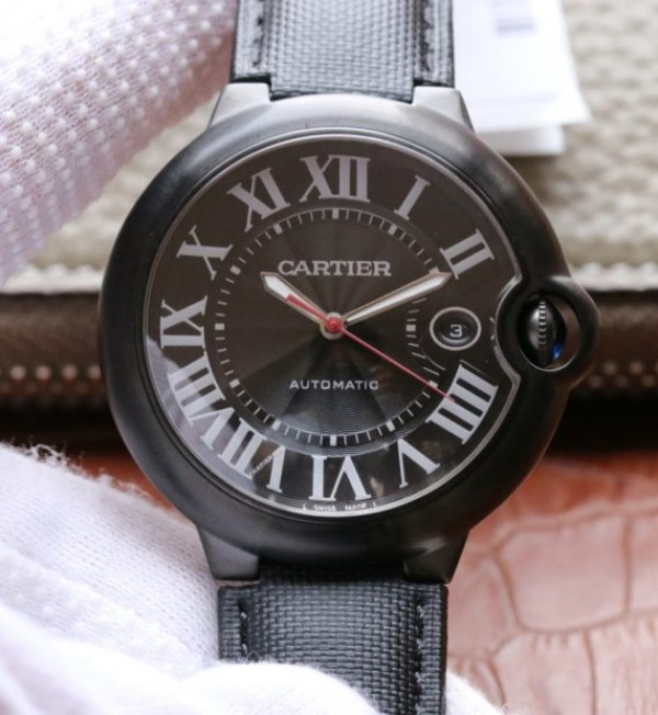 1E4C3926-74AD-75F1-F32A-89A39C3FDEB5.jpg Replica Cartier V6F Ballon Bleu 42mm DLC All Black Black Textured Dial Leather Strap A1847 - Image 1
