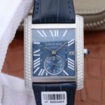 Replica Cartier Tank MC SS Blue Textured Dial Diamonds Bezel Leather Strap