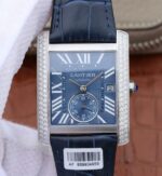 Replica Cartier Tank MC SS Blue Textured Dial Diamonds Bezel Leather Strap