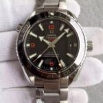 Replica Omega Planet Ocean SS GMT Black Dial Orange Markers SS Bracelet A8605