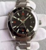 Replica Omega Planet Ocean SS GMT Black Dial Orange Markers SS Bracelet A8605