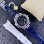Fake Patek Philippe Replica Watch 5724G-001 Nautilus 40mm Black-Blue Baguette Diamond Bezel Moon Phase Date White Gold Leather Automatic GRF(1:1 replica) - Image 3
