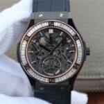 Replica Hublot Classic Fusion Tourbillon 42mm TF PVD Diamonds Bezel Skeleton Dial Gummy Strap A23J