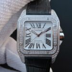 Replica Cartier V6 Santos 100 41mm White Dial Diamond Bezel Black Leather Strap A2824
