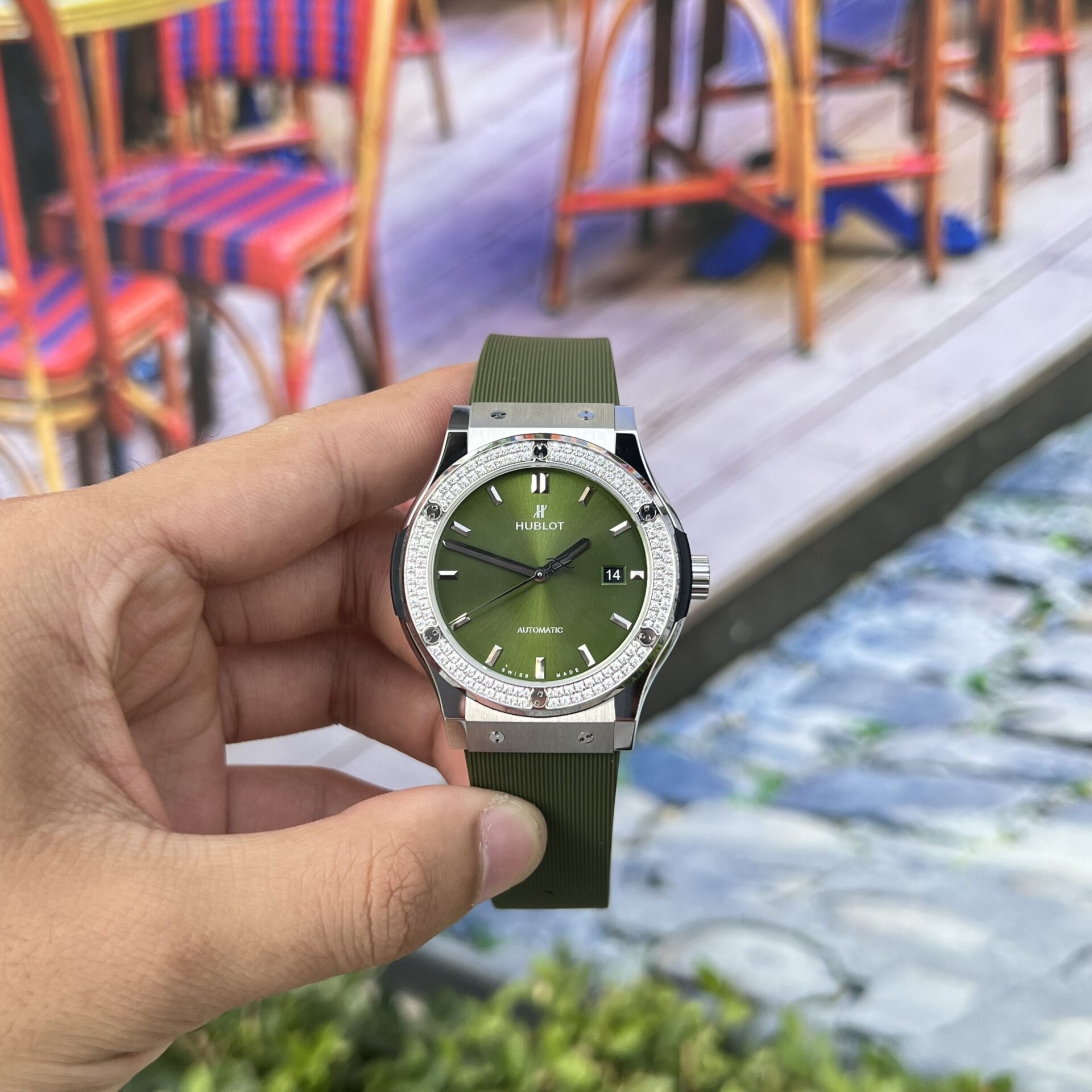 27359C6D-168B-134D-BB08-3A1C56FB7BE5.jpg Hublot Classic Fusion Replica Watch Green Dial With Stone JJ+ 42mm - Image 1