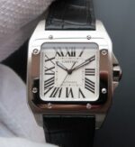 Replica Cartier V6 Santos 100 W20106X8 36mm White Dial Black Leather Strap A2824