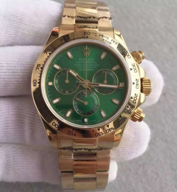 2C5B4F14-3693-AE33-80A0-86DCF198D832.jpg Replica Rolex Daytona 116518 YG Green Dial on YG Bracelet A4130 - Image 1