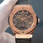 Replica Hublot Classic Fusion Tourbillon RG 45mm TF Skeleton Dial Black Gummy Strap A23J