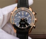 Replica Omega OMF Planet Ocean Master Chronometer RG Black Polished Bezel Black Dial Leather A9901
