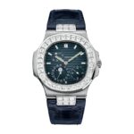 Fake Patek Philippe Replica Watch 5724G-001 Nautilus 40mm Black-Blue Baguette Diamond Bezel Moon Phase Date White Gold Leather Automatic GRF(1:1 replica)