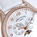 Fake Diamond Watch Patek Philippe Replica 4937R-001 Complications Ladies Annual Calendar Moon Phase 37mm White Mother of Pearl Arabic Rose Gold Diamond Set Leather Date(1:1 replica) - Image 5