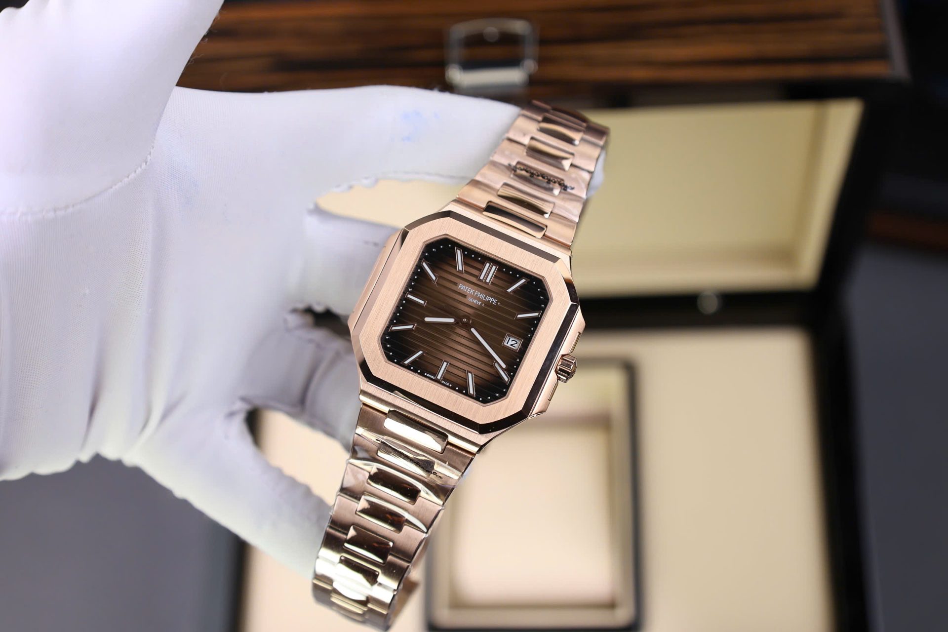 356F9893-6C4E-C52A-6C34-DAE746811FE0.jpg Patek Philippe Cubitus 5821 Rose Gold Replica Watch Dial Chocolate 45mm - Image 1