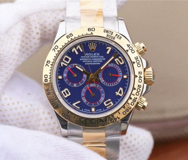 35979D93-0FDF-0548-7E3D-CA99F40C1D96.jpg Replica Rolex Daytona 116523 Thick YG Wrapped Blue Dial Numerals Markers SS/YG Bracelet A7750 - Image 1