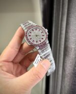 Patek Philippe Nautilus 7118 Replica 11 Watch Ruby Red + Moissanite Diamonds 35.2mm - Image 5
