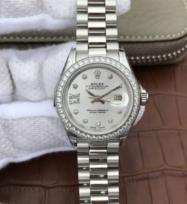 36DCA466-A98B-42E5-72D6-5362763D8B7F.jpg Replica Rolex DateJust 28mm Diamonds Bezel White Dial Diamonds Rome Markers Bracelet A2236 - Image 1
