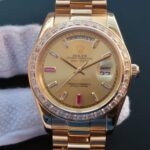 Replica Rolex Day-Date II RG Gold Dial Diamonds Bezel White/Red Crystal Markers RG Bracelet A3255