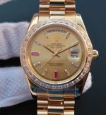 Replica Rolex Day-Date II RG Gold Dial Diamonds Bezel White/Red Crystal Markers RG Bracelet A3255