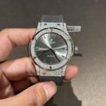 Hublot Replica Watch With Full Diamond Moissanite Diamonds Gray Dial Leather Strap 42mm - Image 2
