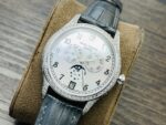 Fake Diamond Watch Patek Philippe Replica Complications Annual Calendar Moon Phases White Gold White Mother of Pearl Dial 38mm Diamond Bezel 4948G-010(1:1 replica) - Image 4
