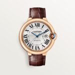 Fake Cartier Watch Ballon Bleu de Rose Gold 42mm Silver Dial Leather Strap WGBB0030 AF(1:1 replica)