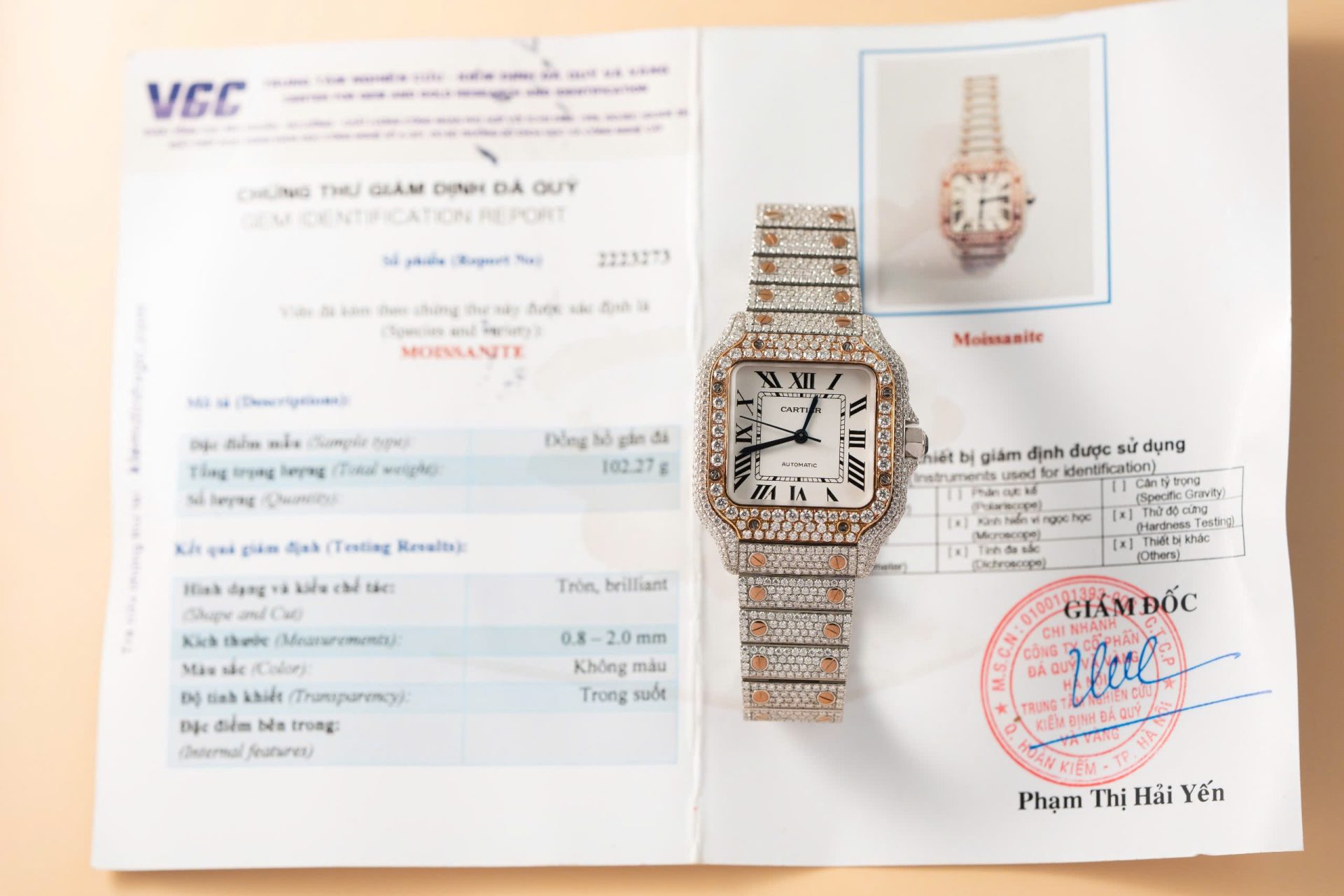 4FCB7284-2E2B-14B8-577F-08E800D6DC43.jpg Cartier Santos Replica Watch With Full Diamond Moissanite Hong Kong 35mm - Image 1