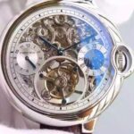 Replica Cartier Ballon Bleu Skeleton Tourbillon White Dial Brown Leather Strap