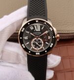 Replica Cartier JJF Calibre De Cartier Diver SS Black Dial RG Bezel Black Rubber Strap A23J