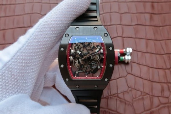 564692EF-4D24-0F76-DCF9-14114643D124.jpg Replica Richard Mille RM055 Black Ceramic Red Inner Bezel Skeleton Dial Black Rubber Strap MIYOTA8215 - Image 1