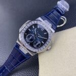Fake Patek Philippe Replica Watch 5724G-001 Nautilus 40mm Black-Blue Baguette Diamond Bezel Moon Phase Date White Gold Leather Automatic GRF(1:1 replica) - Image 7