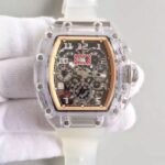 Replica Richard Mille RM011 Transparent Case RG/Black Bezel Skeleton Dial White Rubber Strap A7750