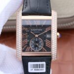 Replica Cartier Tank MC RG Black Textured Dial Diamonds Bezel Leather Strap