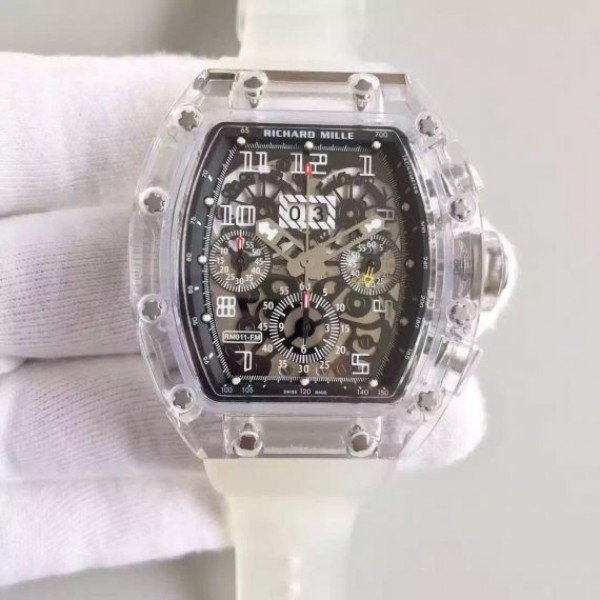 5BDC3D04-C443-63F5-5003-436DA8A8E5CE.jpg Replica Richard Mille RM011 Transparent Case White Bezel Skeleton Dial White Rubber Strap A7750 - Image 1