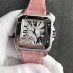 Replica Cartier Santos 100 33mm SS White Dial Pink Leather Strap SEIKO NH05A
