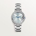 Ballon Bleu de Fake Cartier Watch Steel Diamond Bezel 33mm Blue Silver Dial W4BB0028(1:1 replica)