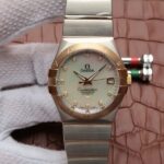 Replica Omega V6 Constellation 35mm White MOP Dial YG Bezel Diamonds Markers SS Bracelet A2500